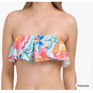 La Blanca Floral Ruffle Bandeau Bikini Top Blue Pink LB3VP76